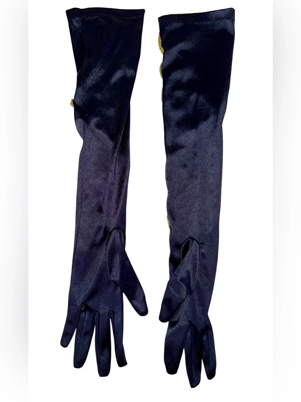 BLACK SATIN OPERA GLOVES WITH GOLD BAROQUE EMBROIDERY